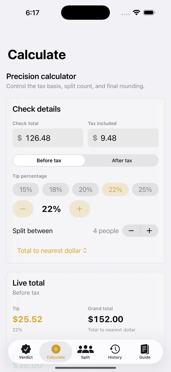 Tip Arbiter precision calculator and live total