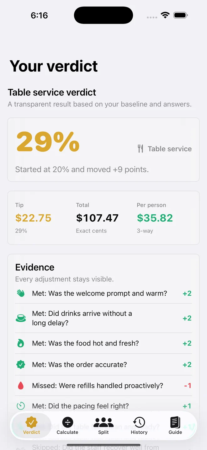 Tip Arbiter verdict with a visible evidence trail